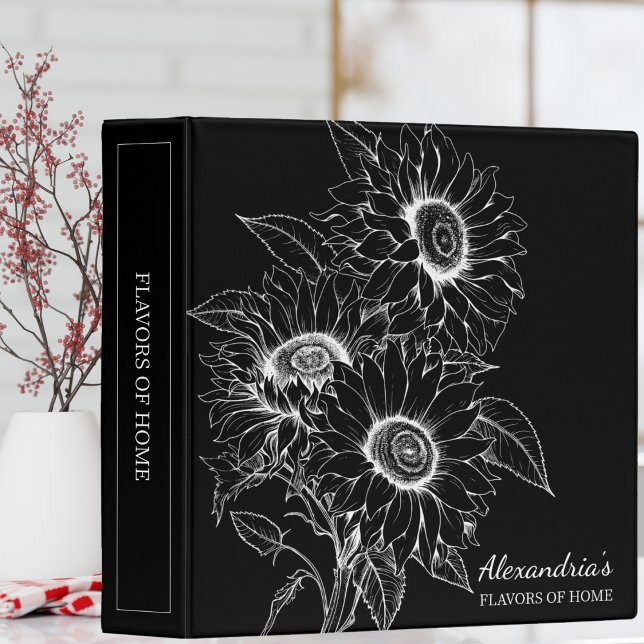 Sunflower Line Illustration Monogram Recipe  3 Ring Binder (Creator Uploaded)