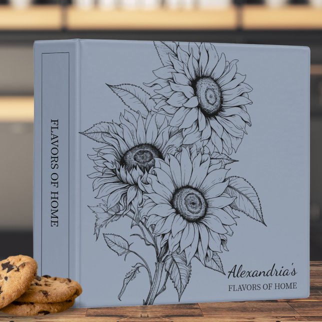 Sunflower Line Illustration Monogram Recipe  3 Ring Binder (Creator Uploaded)