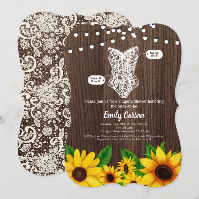 Sunflower lingerie shower invitation rustic wood (Front/Back)