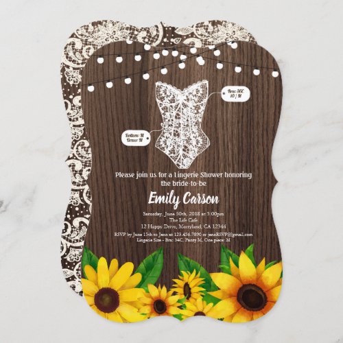 Sunflower lingerie shower invitation rustic wood