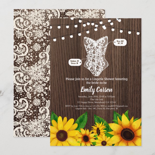 Sunflower lingerie shower invitation rustic wood (Front/Back)