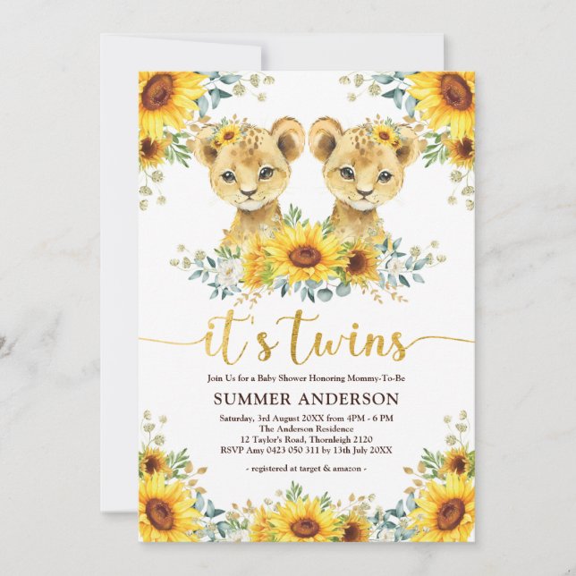Sunflower Lion Cub Twins Baby Shower Invitation (Front)