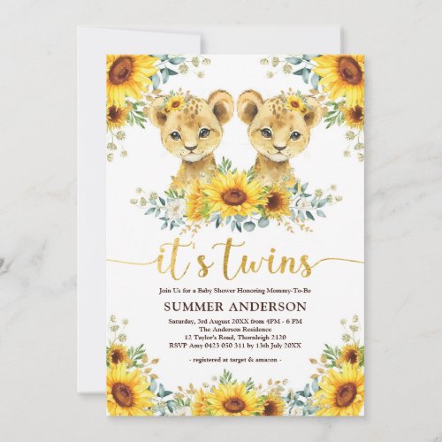 Sunflower Lion Cub Twins Baby Shower Invitation