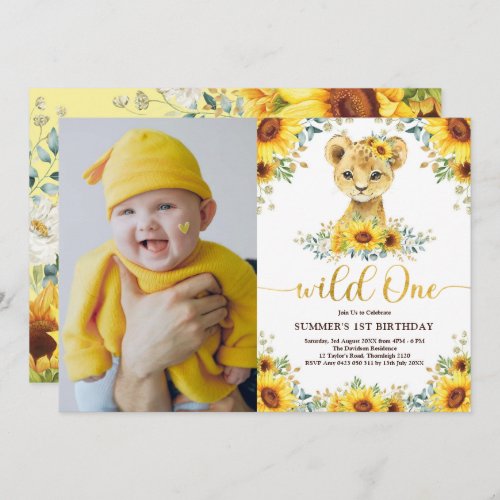 Sunflower Lion Cub Wild One 1st Birthday Photo Invitation