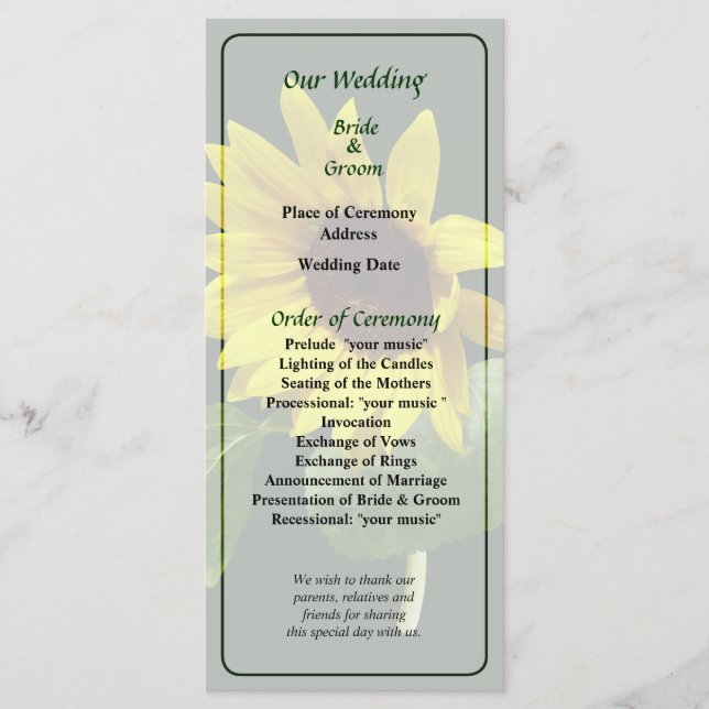 Sunflower Looking Down Wedding Program (Front)