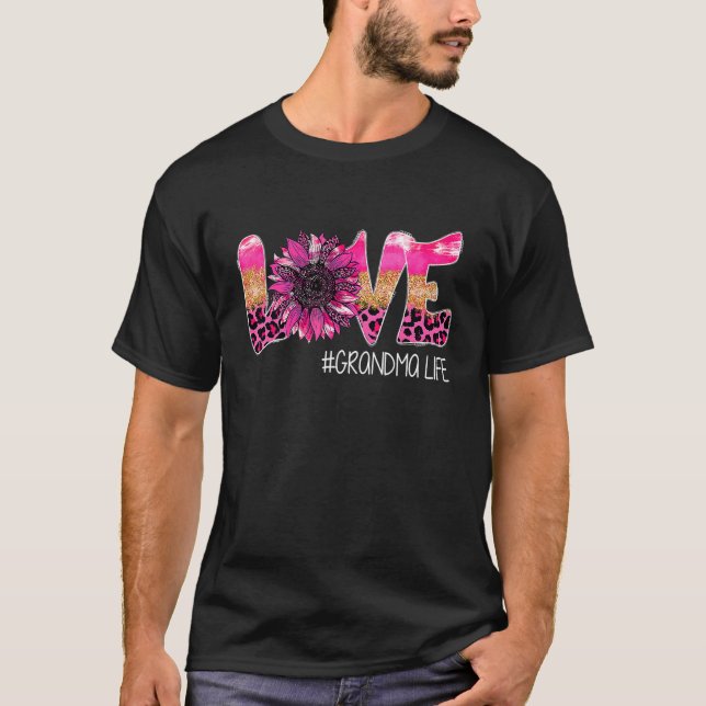 Sunflower Love Grandma Leopard Pink Mom Mama Mothe T-Shirt (Front)