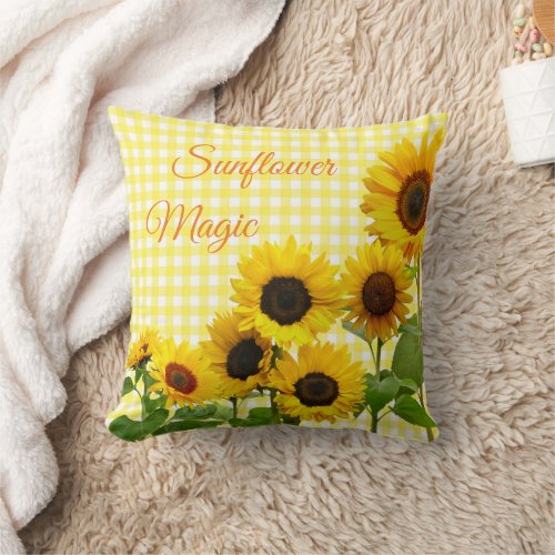 Sunflower Magic Sunshine Happy Yellow White Plaid  Throw Pillow