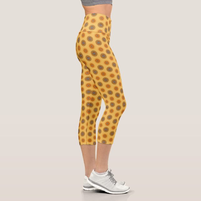 Sunflower Mandala Eye Art -Boho Yoga Graphic Print Capri Leggings (Right)