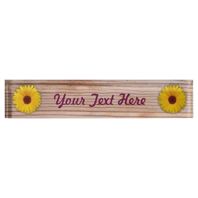 Sunflower Marigold on Rustic Wooden Boards Desk Name Plate (Front)