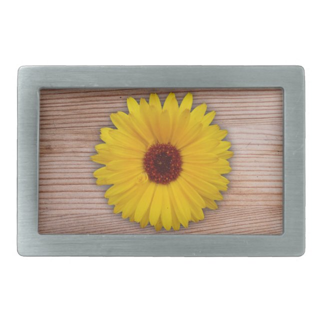 Sunflower Marigold on Rustic Wooden Boards Rectangular Belt Buckle (Front)