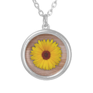 Sunflower Marigold on Rustic Wooden Boards Silver Plated Necklace