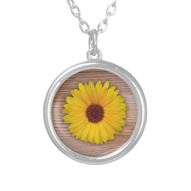Sunflower Marigold on Rustic Wooden Boards Silver Plated Necklace (Front)