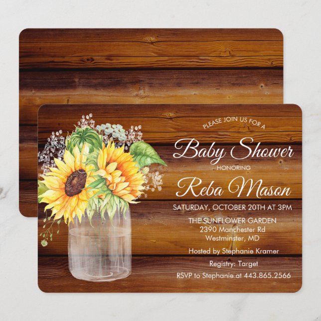Sunflower Mason Jar Baby Shower Invitation (Front/Back)