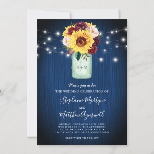 Sunflower Mason Jar Blue Wood Lights Wedding Invitation