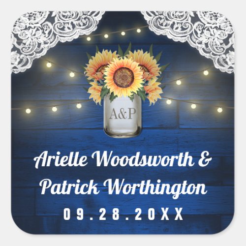 Sunflower Mason Jar Blue Wood Wedding Favor Square Sticker