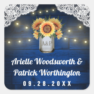 Sunflower Mason Jar Blue Wood Wedding Favor Square Sticker