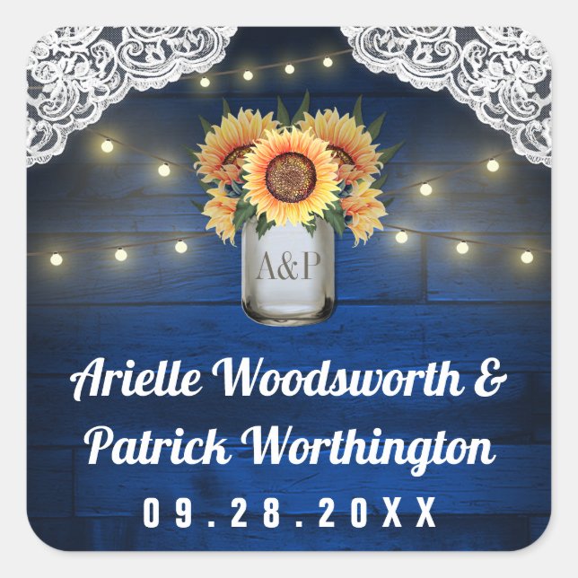 Sunflower Mason Jar Blue Wood Wedding Favor Square Sticker (Front)