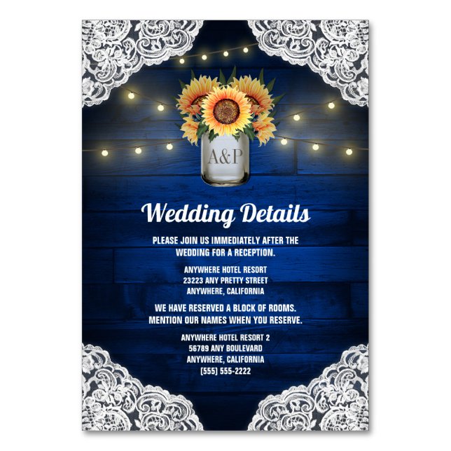 Sunflower Mason Jar Blue Wood Wedding Insert Cards (Front)