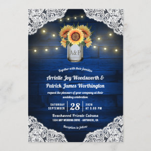 Sunflower Mason Jar Blue Wood Wedding Invitations