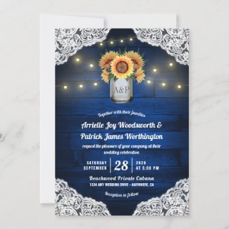 Sunflower Navy Blue Wedding Invitations, Wood, Mason Jar