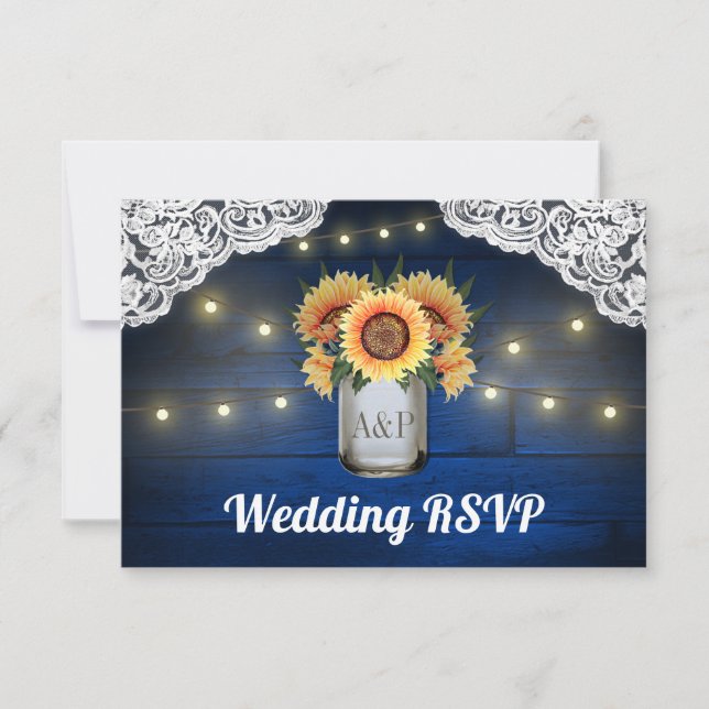 Sunflower Mason Jar Blue Wood Wedding RSVP Cards (Front)
