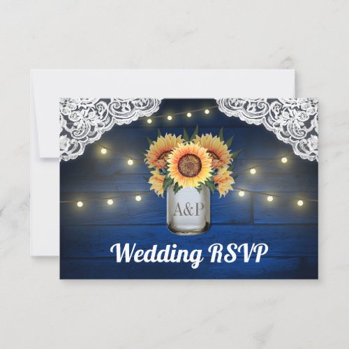 Sunflower Mason Jar Blue Wood Wedding RSVP Cards