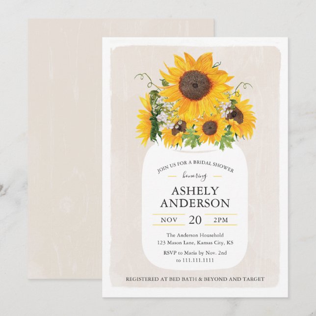 Sunflower Mason Jar Bridal Shower Invitation (Front/Back)