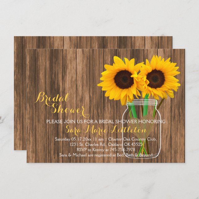 Sunflower Mason Jar Bridal Shower Invites (Front/Back)