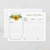 Sunflower Mason Jar Bridal Shower Recipe Cards (Front/Back)