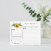 Sunflower Mason Jar Bridal Shower Recipe Cards (Standing Front)