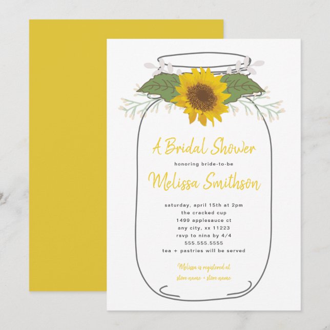 Sunflower Mason Jar Bridal Shower | white Invitation (Front/Back)