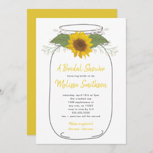 Sunflower Mason Jar Bridal Shower white Invitation