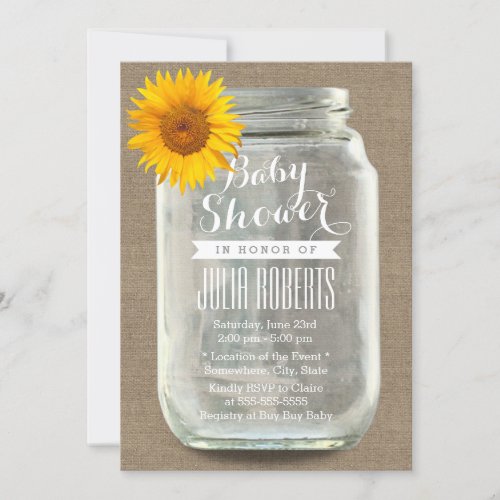 Sunflower &amp; Maron Jar Burlap Baby Shower 5x7 Paper Invitation Card