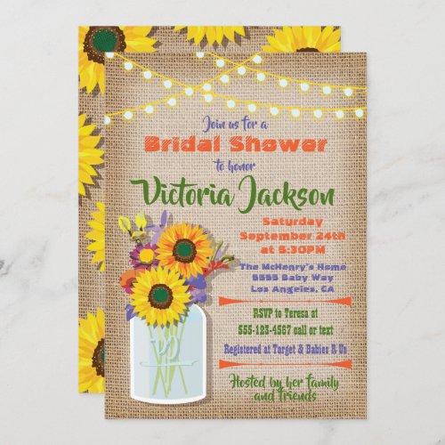 Sunflower Mason Jar Burlap Bridal Shower Invitation
