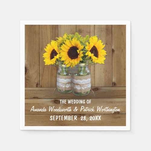 Sunflower Mason Jar Burlap  Lace Wedding Napkins