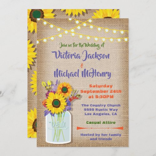 Sunflower Mason Jar Burlap Wedding Invitations