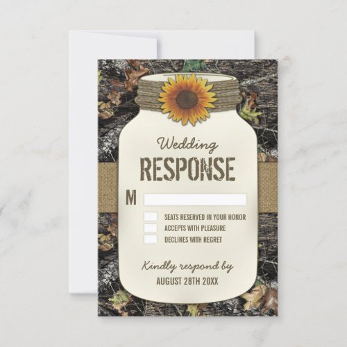 Sunflower Mason Jar Camo Wedding RSVP Cards