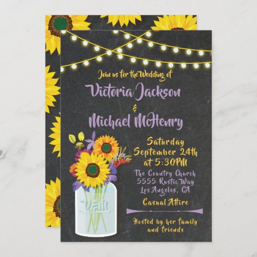 Sunflower Mason Jar Chalkboard Wedding Invitations