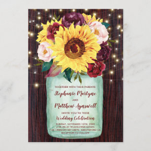 Sunflower Mason Jar Lights Burgundy Floral Wedding Invitation