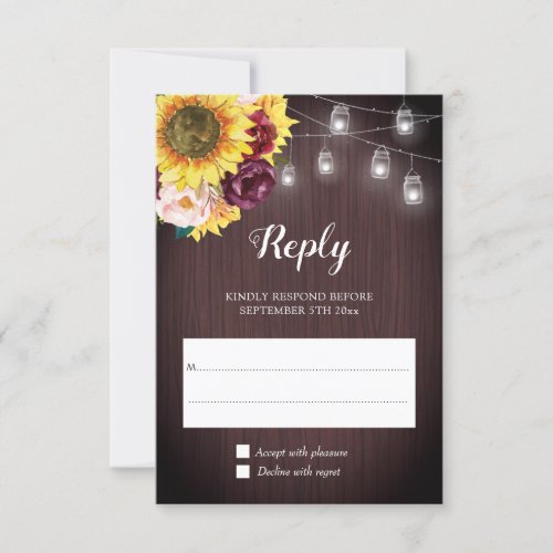 Sunflower Mason Jar Lights Burgundy Floral Wedding RSVP Card