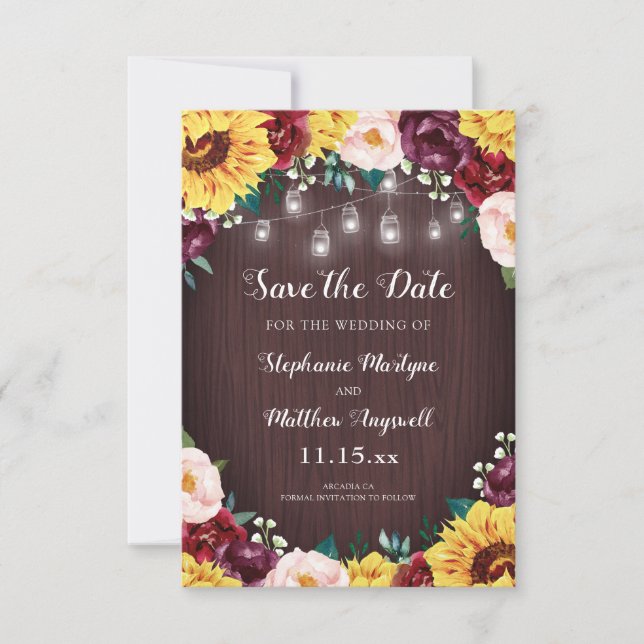 Sunflower Mason Jar Lights Floral Wood Wedding Save The Date (Front)