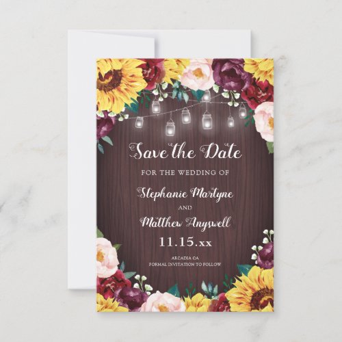 Sunflower Mason Jar Lights Floral Wood Wedding Save The Date