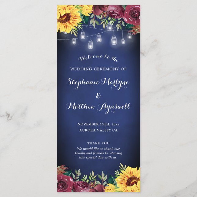 Sunflower Mason Jar Lights Navy Blue Wedding Program (Front)
