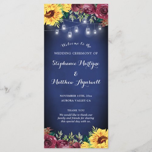 Sunflower Mason Jar Lights Navy Blue Wedding Program