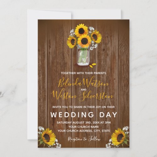 Sunflower Mason Jar Rustic Barn Wood Wedding Invit Invitation
