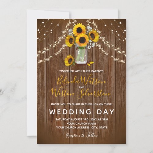 Sunflower Mason Jar Rustic Barn Wood Wedding Invitation