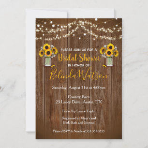 Sunflower Mason Jar Rustic Bridal Shower Wedding Invitation