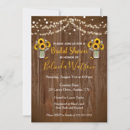 Sunflower Mason Jar Rustic Bridal Shower Wedding Invitation