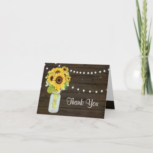 Sunflower Mason Jar Rustic Country Fairy Lights Thank You Card