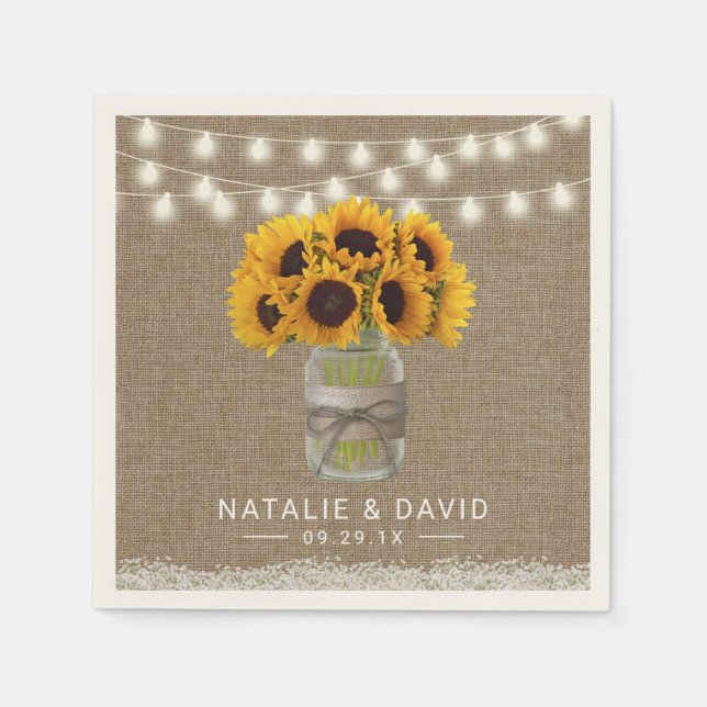Sunflower Mason Jar Rustic Floral Burlap Wedding Napkins (Front)